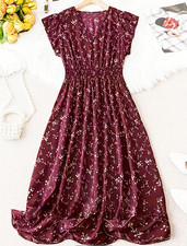 BURGUNDY FRILL SLEEVE ELASTICATED WAIST DRESS, SIZE 6XL TO FIT UK 28, LD493