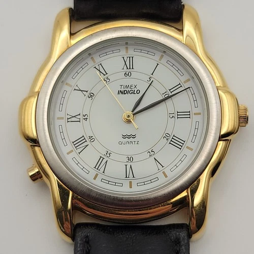Vintage Timex Indiglo Quartz Watch Mens Gold Tone Black Leather Band Running