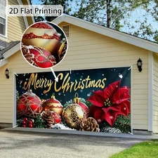 2D Flat, 1pc Christmas Garage Door Banner - Festive Red & Golden Ornaments with