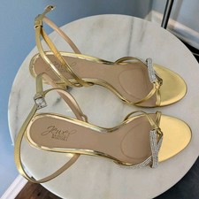 Jewel Badgley Mischka Fiji Mid Stiletto Heel Sandals Sz 11 Gold NWOB Rhinestone
