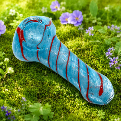 Sky Cherry Stripe Pocket Mini Glass Spoon Pipe 3-3.5 Inch Blue Red Hand Pipe