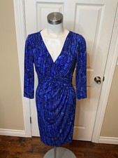 Lauren Ralph Lauren Blue & Black Patterned V-Neck Gathered Sheath Dress, Size 6