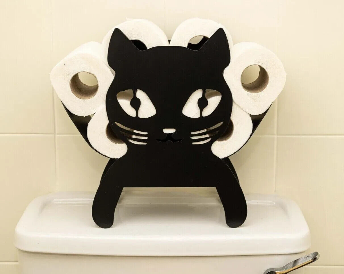 Toilet Roll Holder Free Standing - Novelty Toilet Paper Storage 7 Roll - Capacity Black Powder Coated Steel Modern Bathroom Accessories - Loo Roll Stand Funky Funny Design Home Decor (Cat