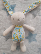 Peluche Doudou lapin tissu crème fleurs jaune bleu 23 Cm KLORANE etiq présente