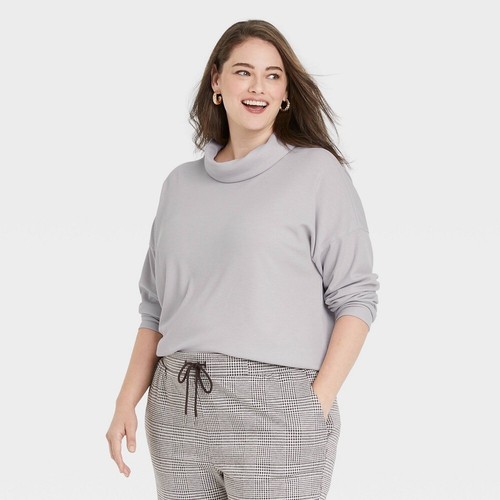 Women's Plus Size Long Sleeve Turtleneck Waffle T-Shirt - A New Day Gray 2X - Picture 2 of 3