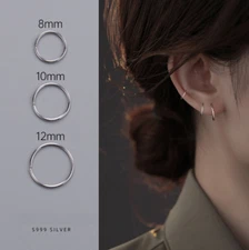 S999 STERLING SILVER PLAIN 1.2MM THICK ROUND ENDLESS HOOP 8/10/12MM 2Pcs PE16
