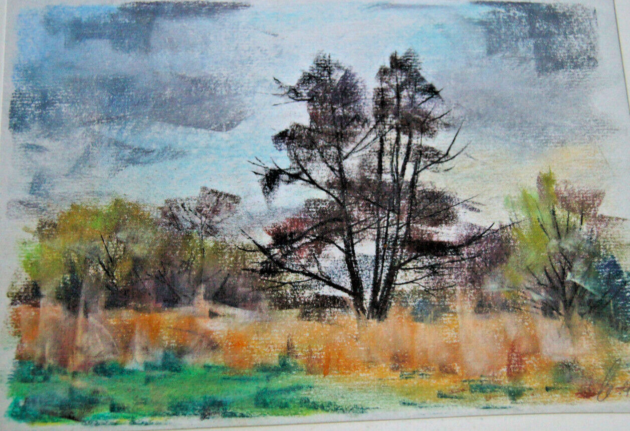 :FRANZ EHMKE *1928 -2018 BERLÍN PASTEL ARBUSTOS FORESTALES CON ALISO GIGANTE EN OTOÑO