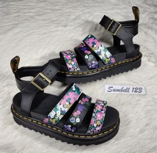 DR. MARTENS BLAIRE BLACK FLORAL LEATHER STRAPPY GLADIATOR SANDALS Women sz 7