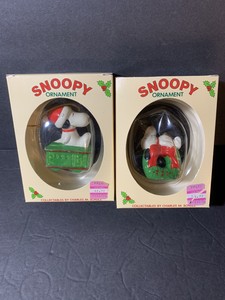 Vintage Peanuts Snoopy Ceramic Christmas Ornaments Set Of 2 W Box Excellent Ebay