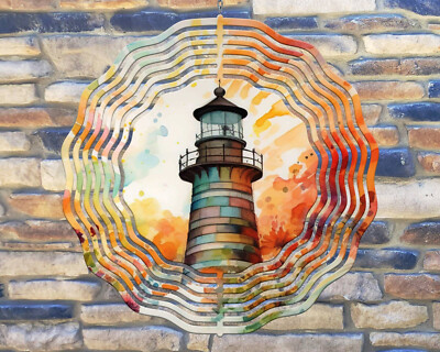 10'' Tile Lighthouse Ocean Waves Wind Spinner Yard Decor 3D Kinetic rws060