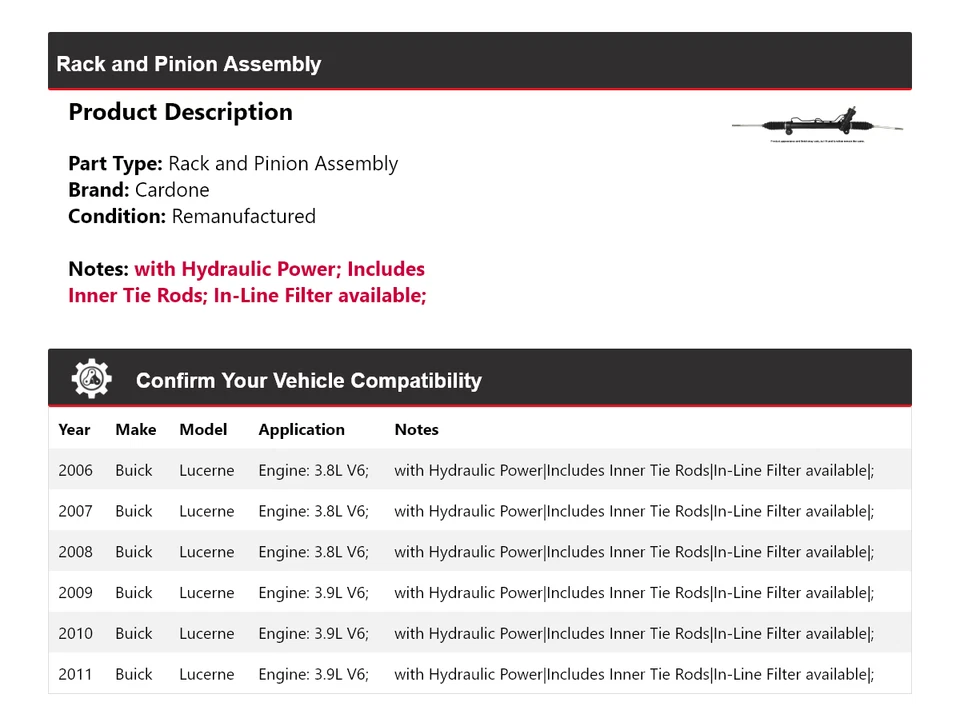 Для 2006-2011 Buick Lucerne стойка и шестерня в сборе Cardone 2007 2008 2009 2010 - Изображение 2 из 4