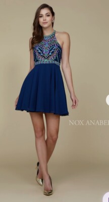Narianna Blue Rhinestone Short Dress Curly Hem Tulle Party Prom Size Large  EUC | eBay