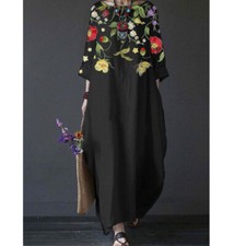 1x Floral Round Neck Mid-Sleeve Casual Loose Long Dress