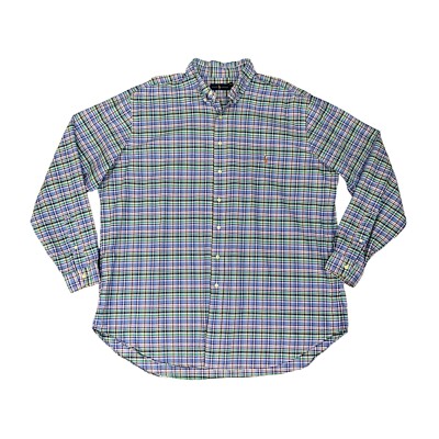 Ralph Lauren Shirt Mens 2XLT Tall Blue Green Plaid Cotton Button Down Drop Cut