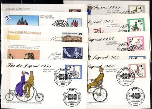 // GERMANY 1985 - 10 FDC - BICYCLES, TRANSPORTATION, ARCHITECTURE, MUSIC