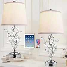 24.5in Modern Table Lamps - Set of 2, Silver with 2 USB Charging Ports, White...