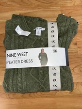 Nine West Women’s 1X Olive Green Cable Knit Sweater Dress W/Shoulder Buttons