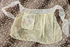 Vtg 50s 60s Yellow White Silky Nylon Chiffon Half Apron Flocked Hand Made