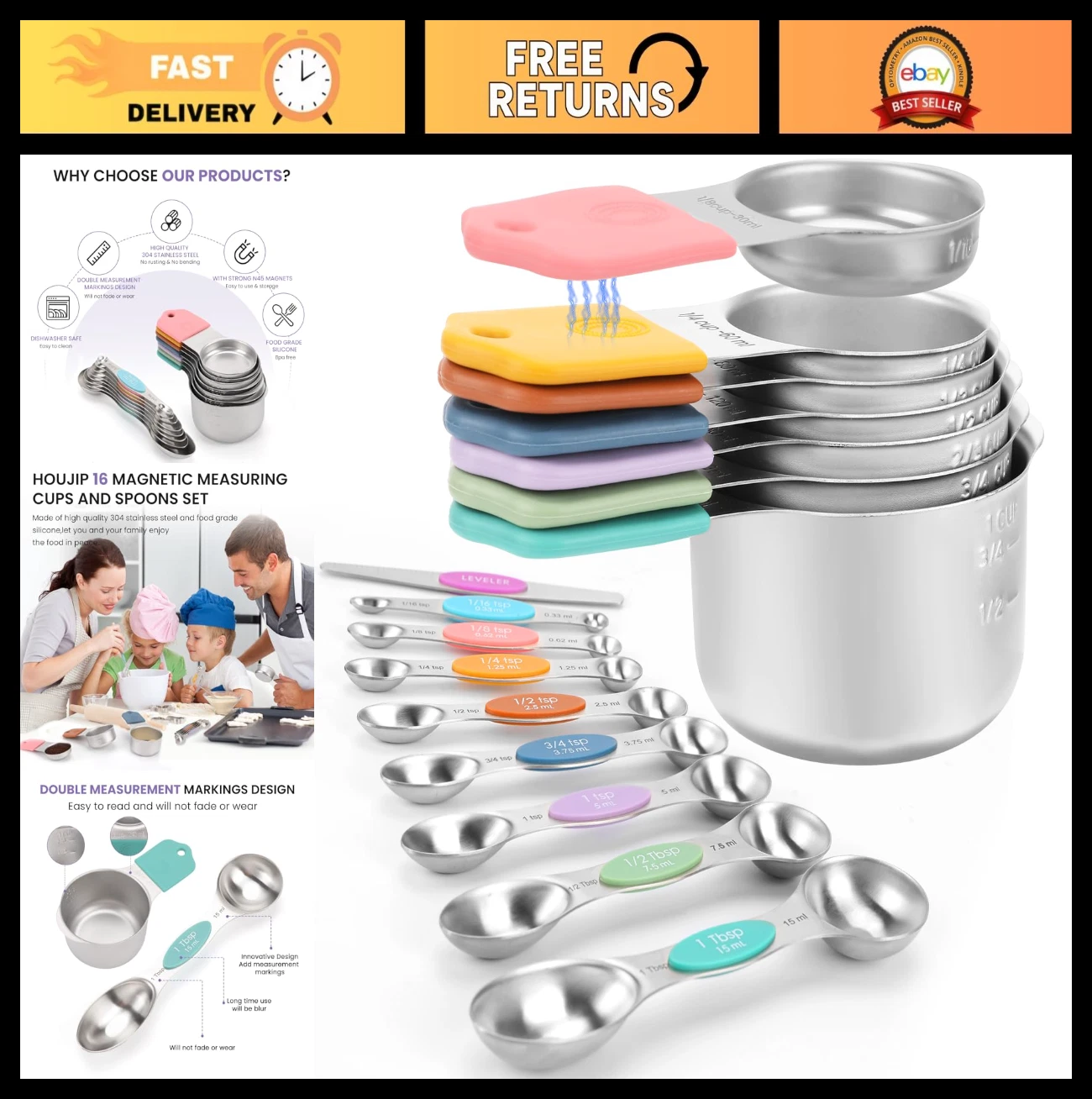 Heavy Duty Magnetic Measuring Cups & Spoons Set - 16 pcs, 304 Stainless Steel, D
Opens in a new wind