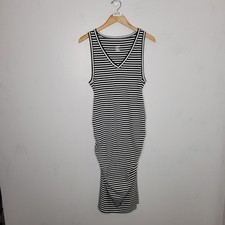 Women Tank Dress Midi 2XL Striped Cream Blue Sleeveless Knit Side Ruched A new