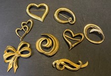 Lot Of 7 Gold Tone VTG Pins Swirls Hearts Circles Rhinestone Bonus Scarf Slide