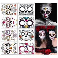 Temporary Face Tattoo, 8 Kits Tattoos Sugar Skull Stickers Day of the Dead Makeu