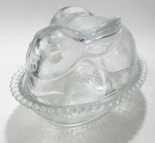 Vintage Indiana Glass Clear Bunny Rabbit On A Nest Covered Candy Dish