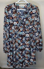 FLORAL WITH METALLIC THREAD SPLIT NECK LONG SLEEVE BOHO DRESS SIZE L