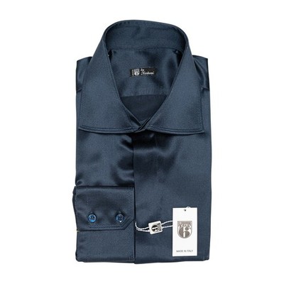 ITALIAN 1400$ TAKE SIX Von Gerlin Hemd Blau 100% Satin Seide ZILLI