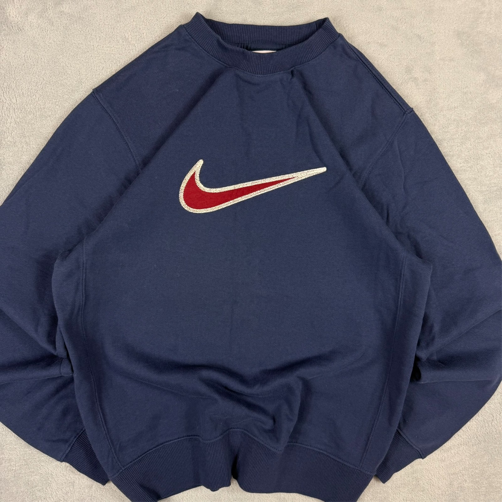 VTG Nike Navy Blue Red Big Swoosh Oversized Heavyweight XS Pullover Sweatshirt image 3