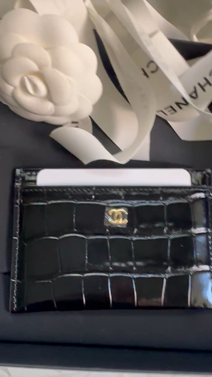 New 26S CHANEL Crocodile Croc Illusion Black Card Holder Wallet