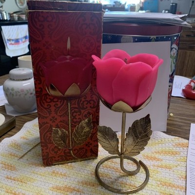 Vintage Avon Candle Shaped Like Rose In Stand
