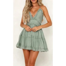 Hello Molly Human Error Mini Dress Olive Green Ruffle Sundress US L