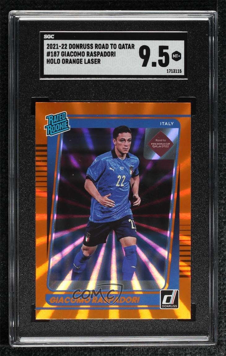2021-22 Donruss Road to Qatar Holo Orange Laser Giacomo Raspadori Rookie RC 0lz4