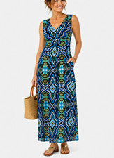 Chico's Maxi Dress Womens Size 1 M Blue Geometric Sleeveless V Neck Stretch