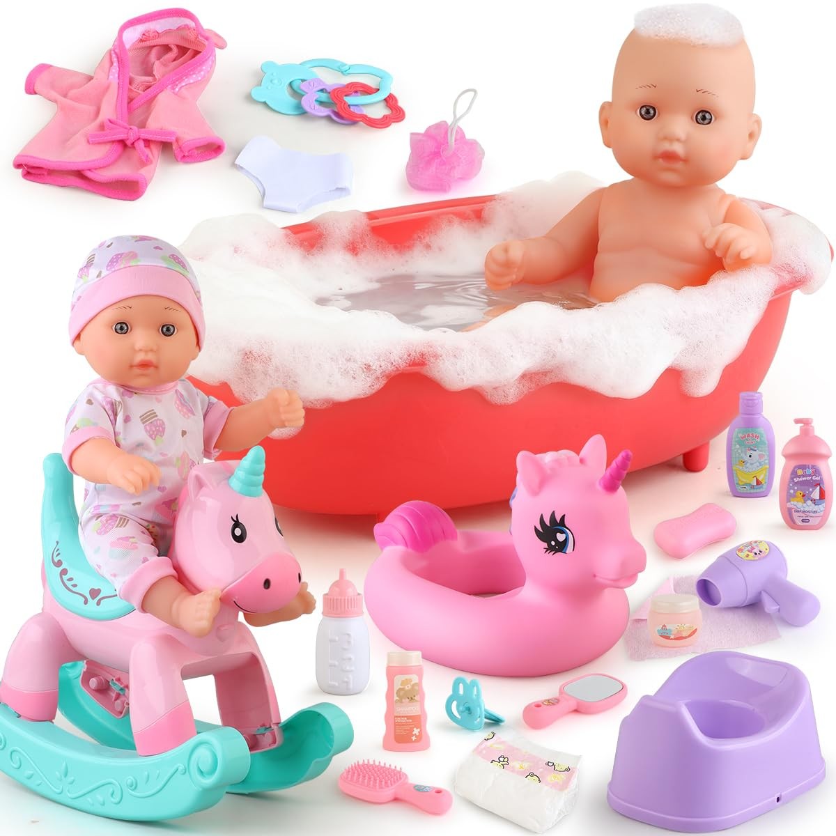 Baby Doll Bath Toys Set with Bathtub, 11 Baby Dolls, Rocking