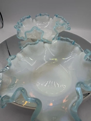 Fenton Blue Aqua Crest Ruffled Edge Milk Glass Candy Trinket Dish Bowl 2" x 6"