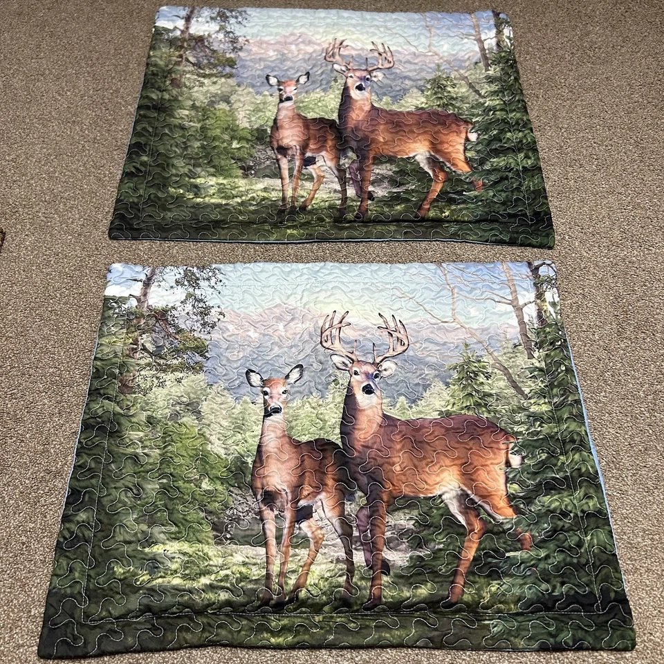 Conjunto de 2 fronhas de travesseiro de cena de floresta de veados sem marca verde marrom corça buck fawn vintage - Imagem 2 de 4