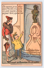 c1940 Manneken Pis Peeing Statue Brussels Mother Daughter Humor Comic Postcard