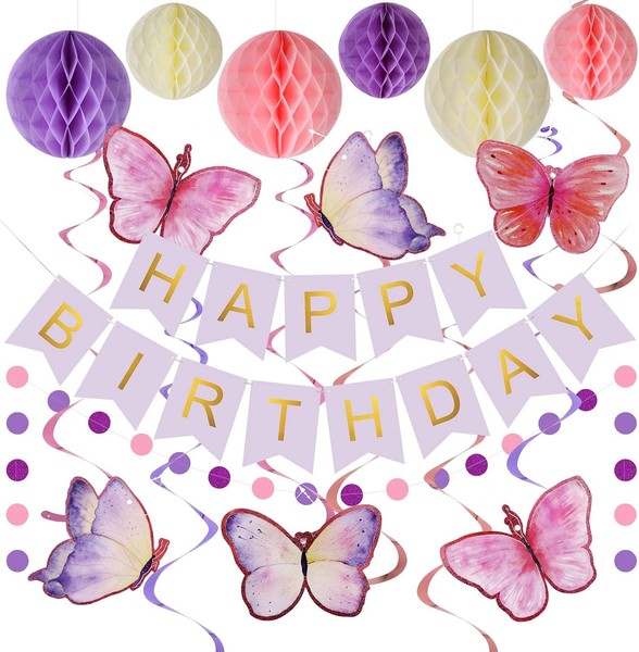 Geburtstagsdeko, Lila Happy Birthday Banner Mit Wabenball, Schmetterlinge-image
