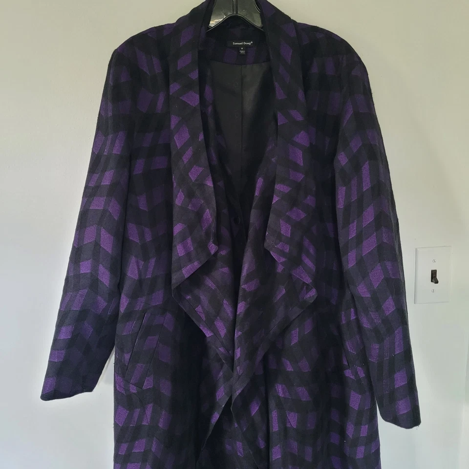 Abrigo Chaqueta Samuel Dong Jacqueline Jacquard Cuadros Púrpura y Negro Talla M Foto 3 de 4