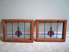 2x Atq Arts & Crafts Stained Glass Window Panel with Tulip Design 19 7/8" X 15"