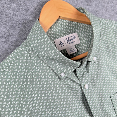 Pengiun Hemd Herren Large Grün Langarm Slim Fit Geometrisches Muster Heritage