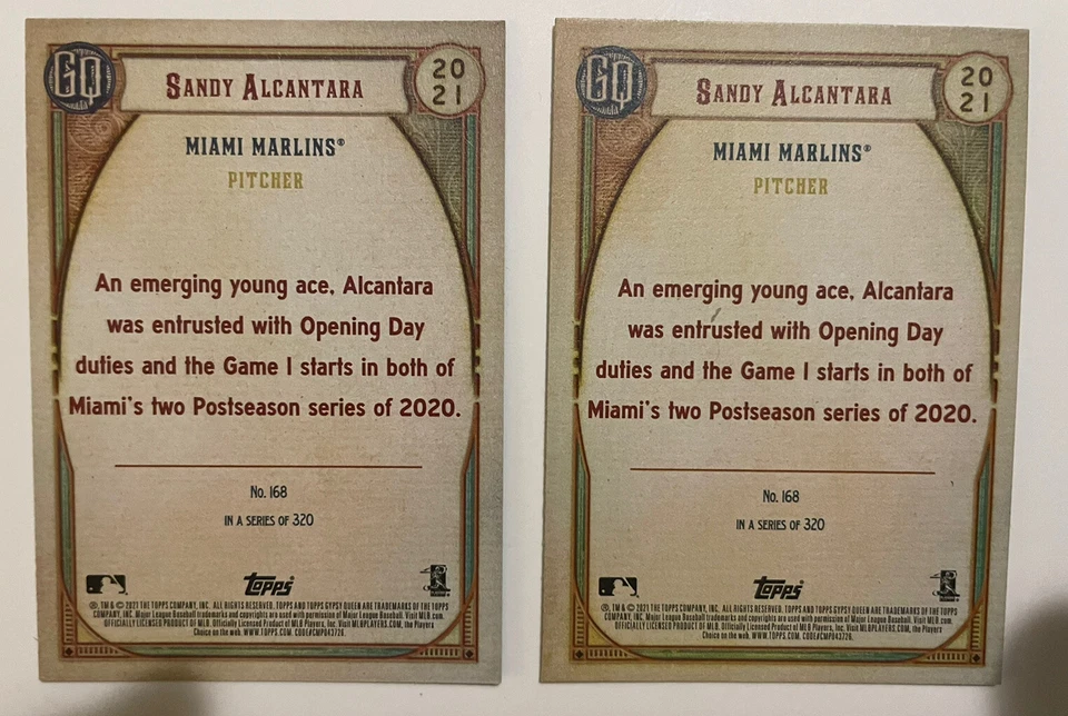 SANDY ALCANTARA 2021 TOPPS GYPSY QUEEN GREEN & BASE #168 MARLINS - Image 2 of 2