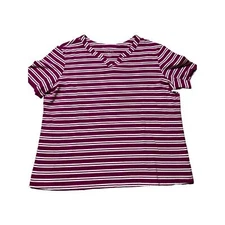 Coral Bay Womens Petite L Magenta & White Striped Short Sleeve V-Neck Shirt