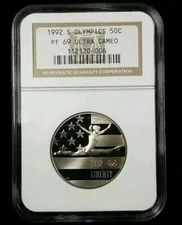 1992 S OLYMPICS 50C GYMNASTICS PF69 ULTRA CAMEO SILVER PROOF COMM #2582