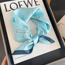 100% Silk Small Scarf Square 20'' Bandana Light Blue Flower  Neckerchief Tied