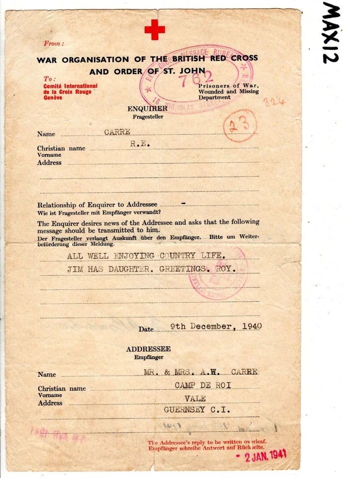 GB Channel Islands WW2 RED CROSS Message CAMP DE ROI GUERNSEY 1941 Chester MAX12 - Image 3 of 4