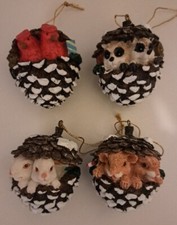 Vintage Christmas Holiday Pine Cone Animals Ornaments Set Of 4