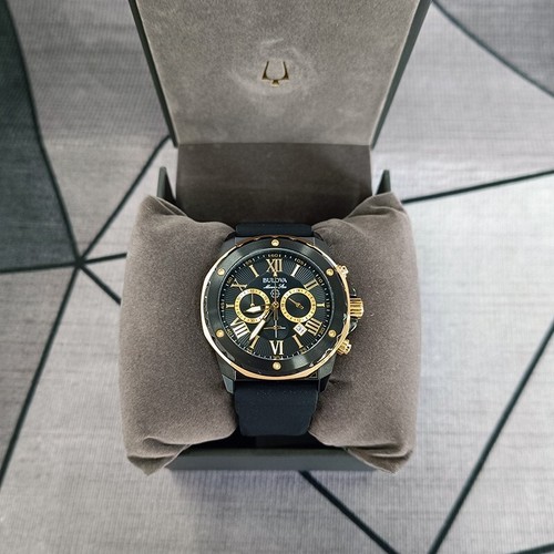 Bulova Marine Star Black Gold Case/Black Rubber Strap Men's Quartz 98B278 Watch - Picture 9 of 9